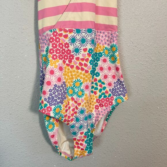 Hanna Andersson Girls Halter One Piece Swim Suit 10 140 Pink Flowers Stripe - Picture 4 of 7